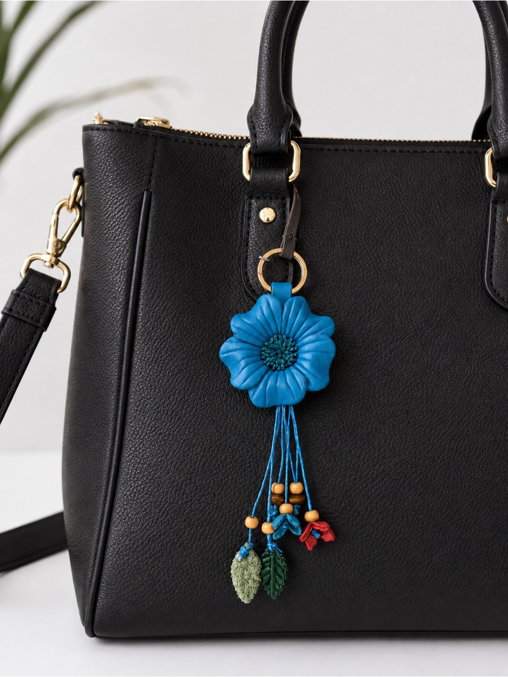 Blue Flower Bag Charm Keychain Boho Beaded Purse Tassel Accessory - Picture 3 of 3
